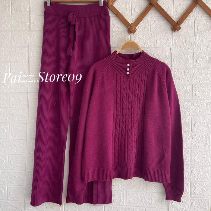 080j- Oneset Sweater Rajut Hasna Setelan Celana Kulot Rajut Wanita Baju Panjang