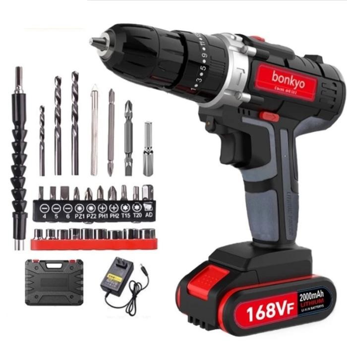 Bor Cordless Bor Listrik Beton Besi Kayu Full - Baterai 98Vf 168Vf