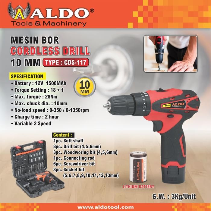 Mesin Bor Baterai / Cordless Drill 10 Mm Type Cds-117 Merk Aldo