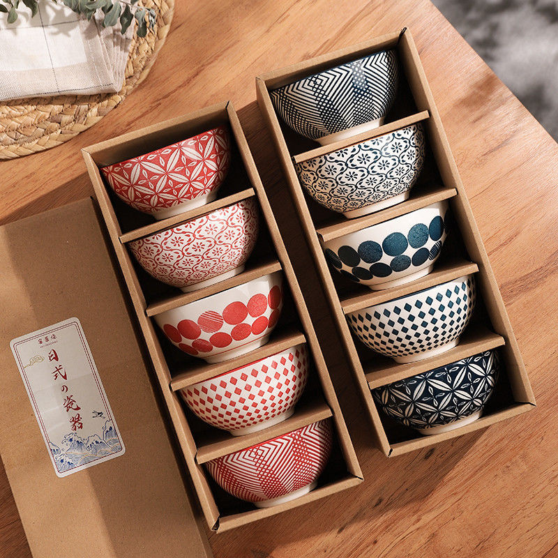 Ceramic rice bowl family dinner soup good-looking set gift box rice bowl creative retro small bowl