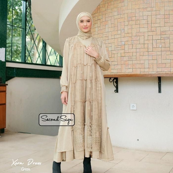 SALE SecondSign - Xera Dress Dress Gamis Wanita Panjang Tali Lace Mix Brookat Muslim Dewasa Simple