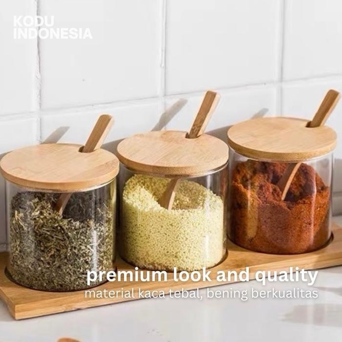 KODU SET TEMPAT BUMBU DAPUR WADAH BUMBU KACA TUTUP KAYU BAMBOO MINIMALIS TOPLES HAMPERS KITCHENWARE
