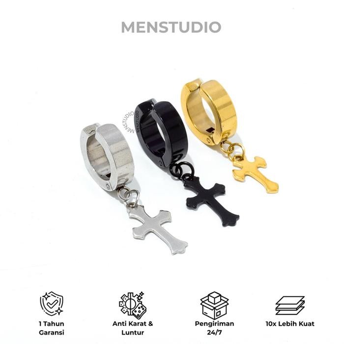 Pilihan- Menstudio - Anting Salib Jepit Pria Cowok Titanium Anti Karat Luntur Premium Hitam