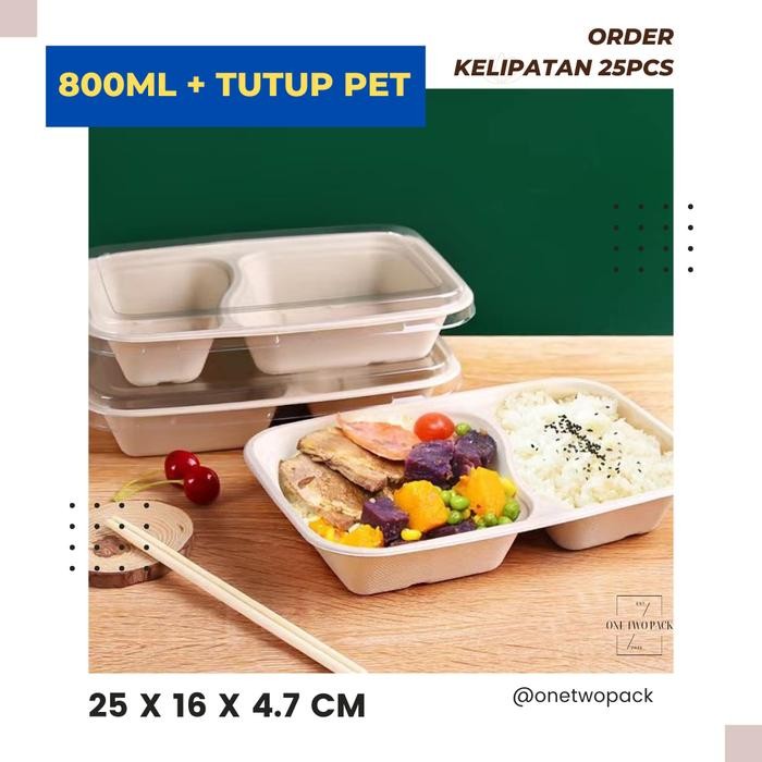 

[25 pcs] LB800S2 Bagasse Lunch Bento Box 800 mL Sekat 2 Take Away Lunch Box