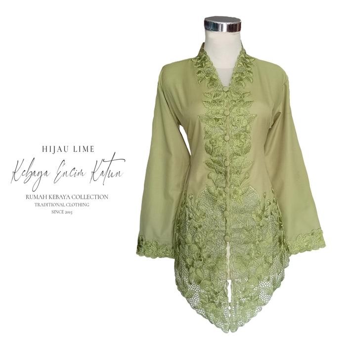 Kebaya Encim Kartini Modern Katun Bordir Hijau Sage Lengan Panjang