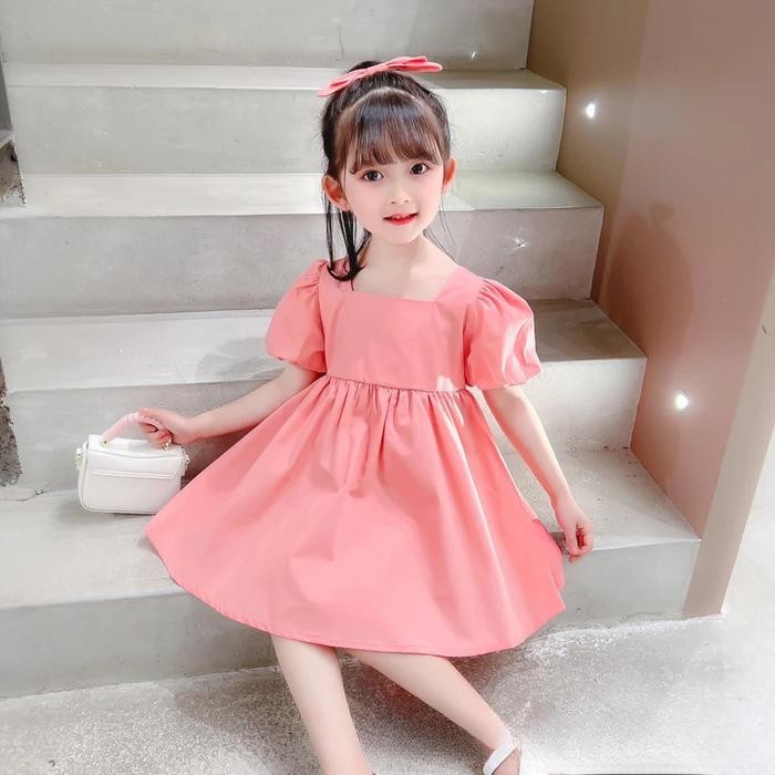 

Dress Gaun Anak Motif Polos Bahan Cotton + Pita