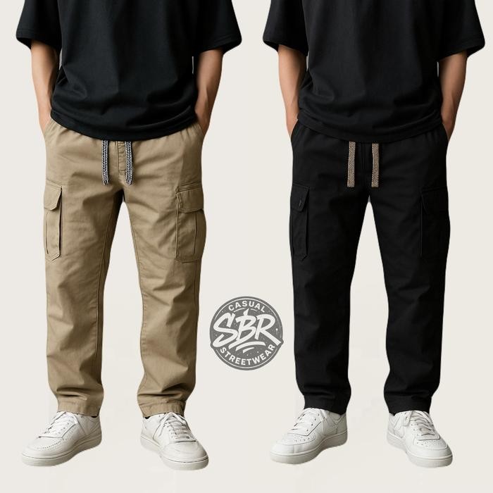 Celana Panjang Kargo pria wanita dewasa, Santai Karet Katun, Nyaman - Hitam Army Celana Panjang