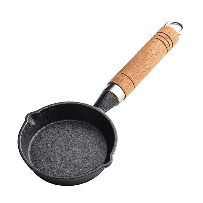Cypruz Iron Store - Panci Wajan Frying Pan Cast Iron Mini Wooden Handle Gagang Kayu Kecil