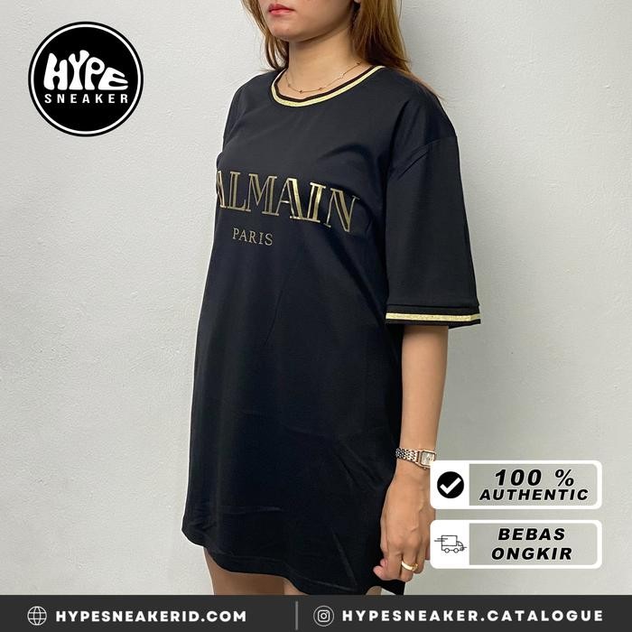 TERLARIS Kaos BALMAIN TEXT GOLD TIPPED COLLAR SVE BLACK Tshirt 100% GINAL READY STOCK