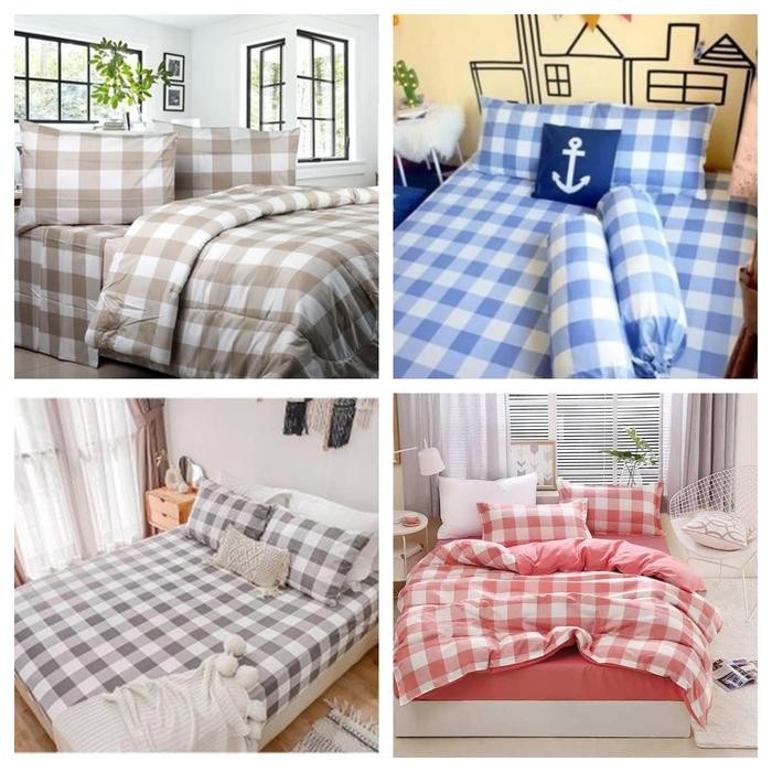 Rds - Konico Sprei Bahan Mikrotex Motif Kotak Emily Khaki 8 Cm ( Tanpa Bedcover ) Double 160 180 200