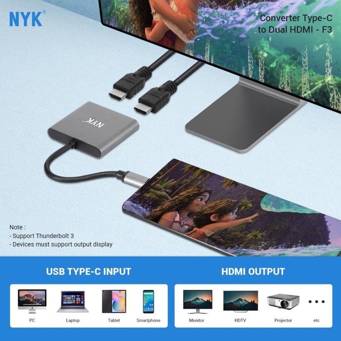 NYK Converter Type C to 2 HDMI Adapter USB C to Dual HDMI - F3