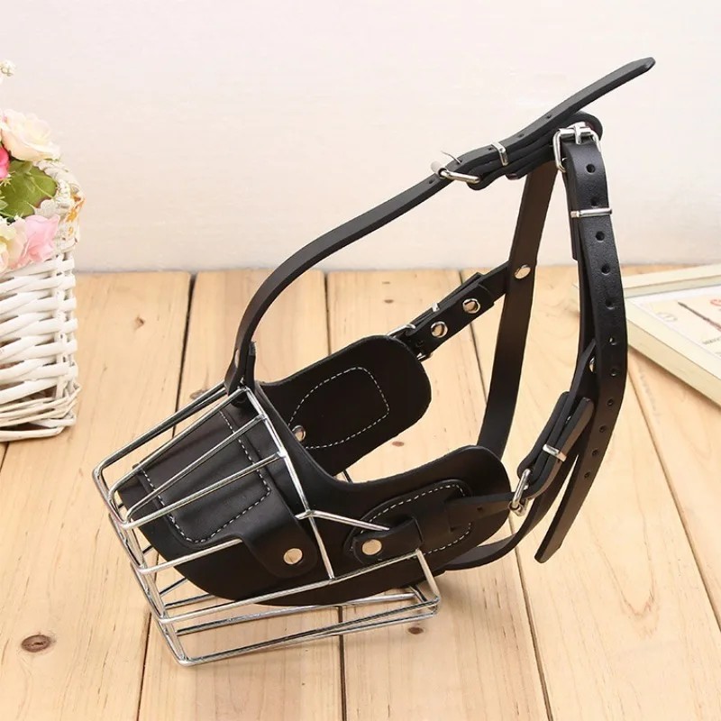 Pet Dog Adjustable Anti-Bite Metal Muzzle Breathable Leather Metal Basket Large Dog Mask Mouth Cover