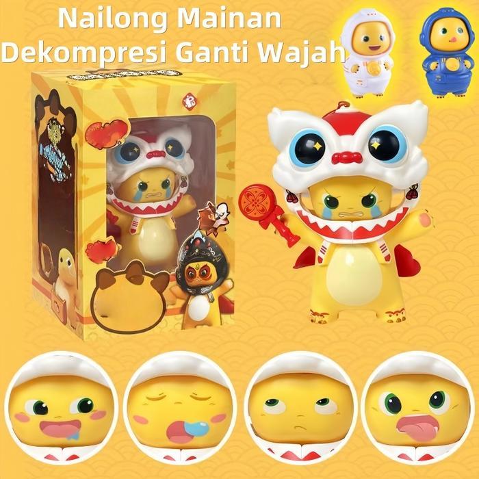 Nailong Barongsai Dino Kuning Mainan / Nailong Mainan Dekompresi Ganti Wajah / Kuning Keychain Anti