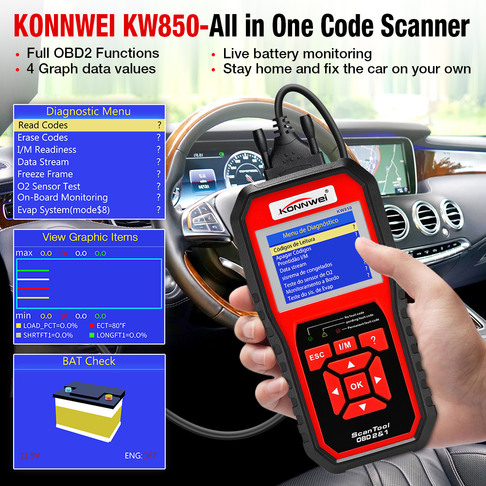 KONNWEI KW850 obd2 Scanner Multi-languages Full OBD 2 Function Auto