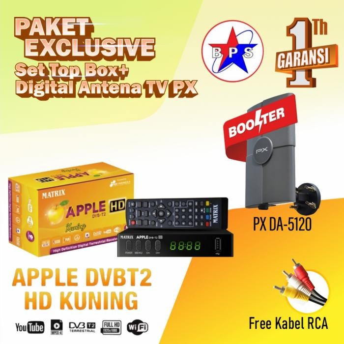 stb dvbt2 matrix apple kuning + antena tv digital px 5120