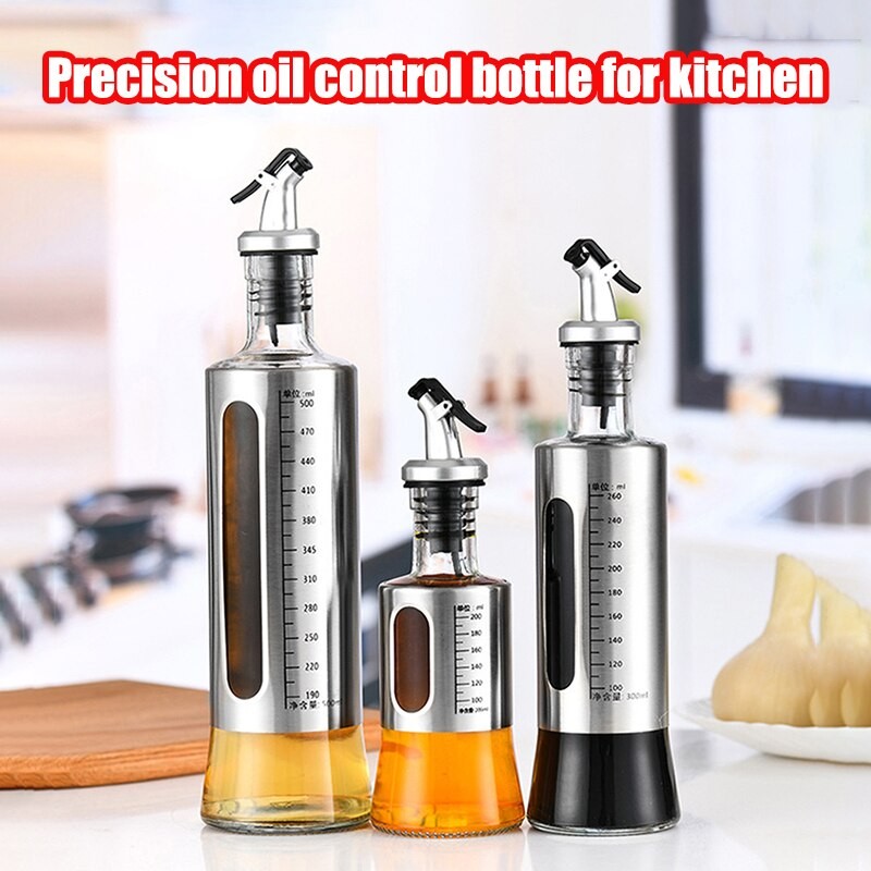 Kitchen Supplies Stainless Steel Oiler Glass Bottle Scale Visible Oil Pot Seasoning Bottle