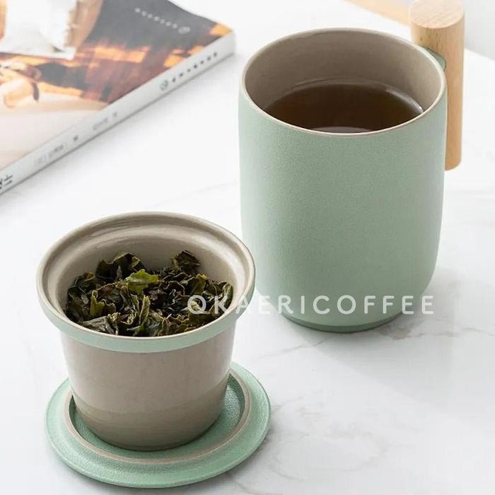 OKAERICOFFEE Ceramic Tea Infuser Cup + Lid / Gelas Mug Keramik + Saringan + Tutup