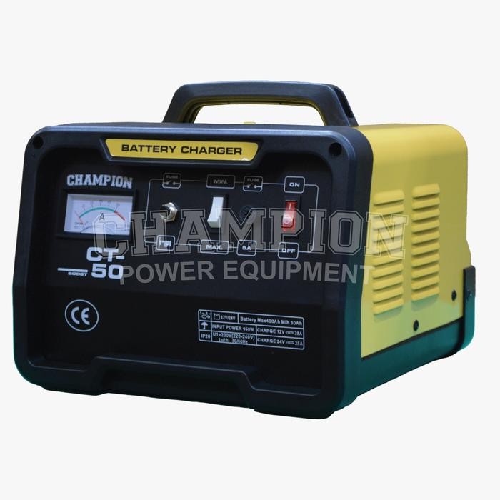 Cas Aki Mobil Motor 50 Ampere 12V 24V Champion CT50 USA Technology / Charger Aki 12V