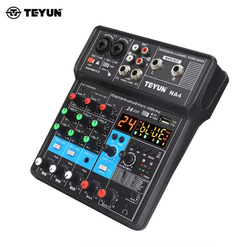 Teyun 4-Channel Professional Sound Mixer Console Mini Audio Mixer Sound Card Computer Input 48V