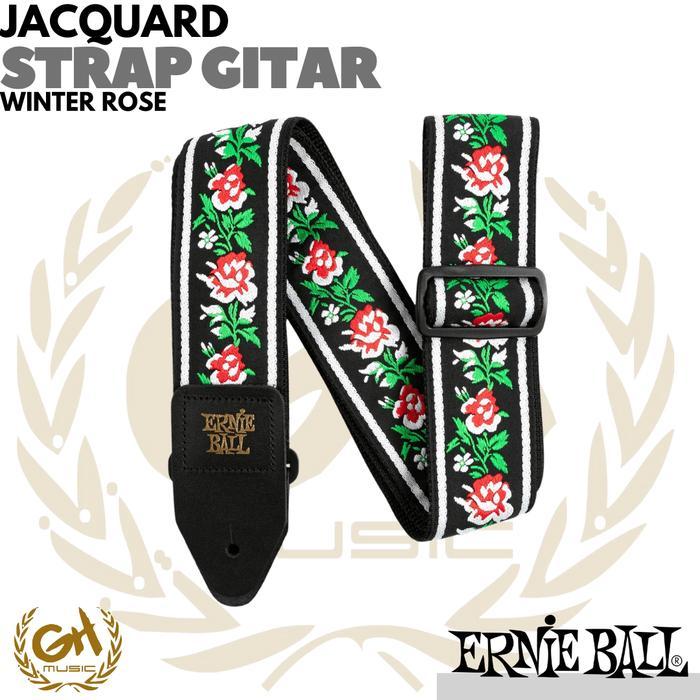 Strap Gitar Bermotif Tenun Jacquard dengan Ujung Kulit - Panjang Dapat Disesuaikan - Winter Rose
