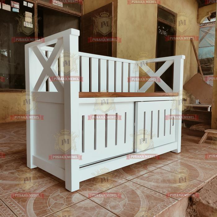 bench storage kayu, bangku rak sepatu kayu Duco white, bangku teras