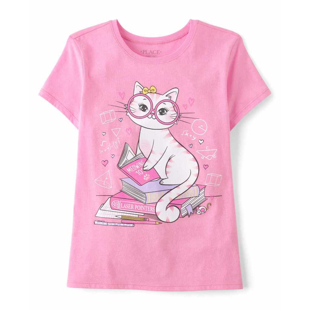 Girls Reading Cat Graphic Tee - Kaos Anak Perempuan (Pink)