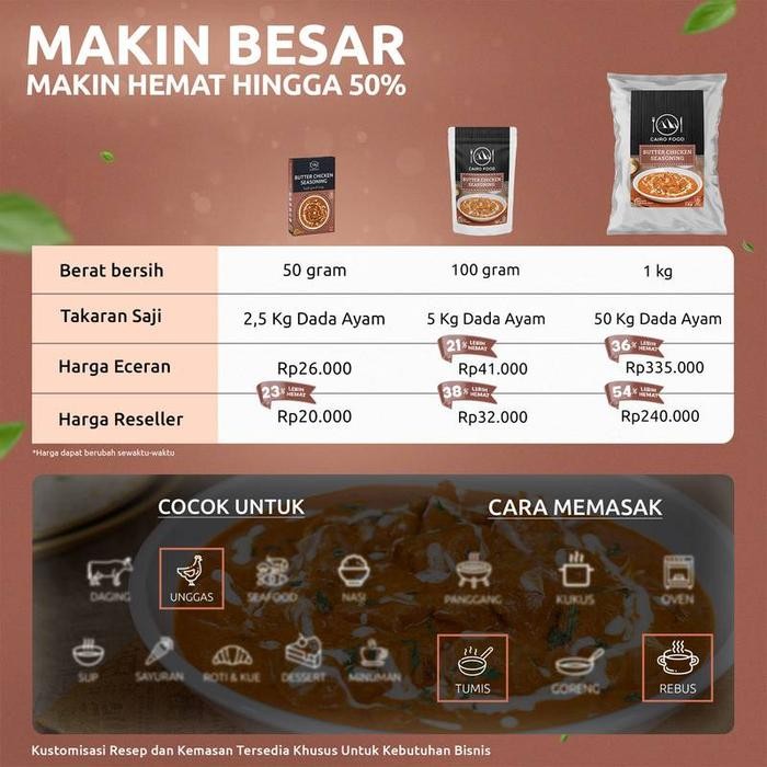 

Bumbu Butter Chicken Sehat Tanpa MSG, 100% Rempah MurniCairoFood - 100 gram