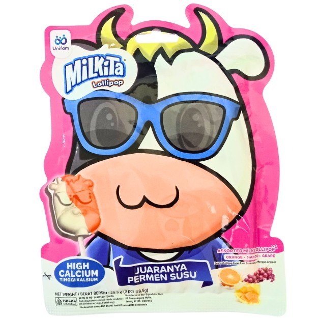 

S26903 MILKITA ASSORTED MILK LOLLIPOP ORANGE, MANGO, GRAPE PERMEN BUNGKUS 25,5GR MAJU BERSAMA (20250910)