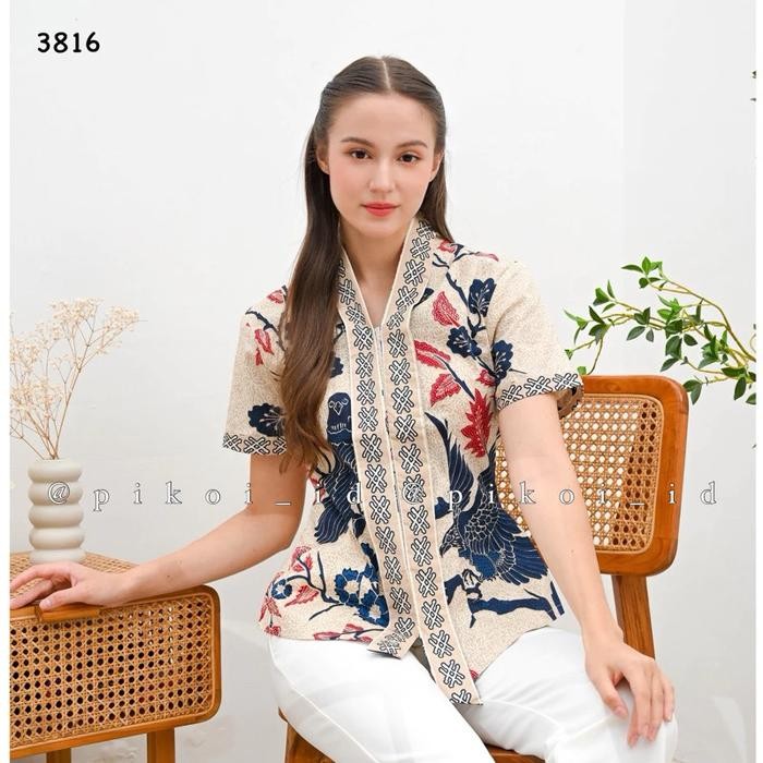 Pikoi_Id Baju Batik Wanita Merah Putih Lengan Pendek / Atasan Kebaya Modern / Top Katun Kancing
