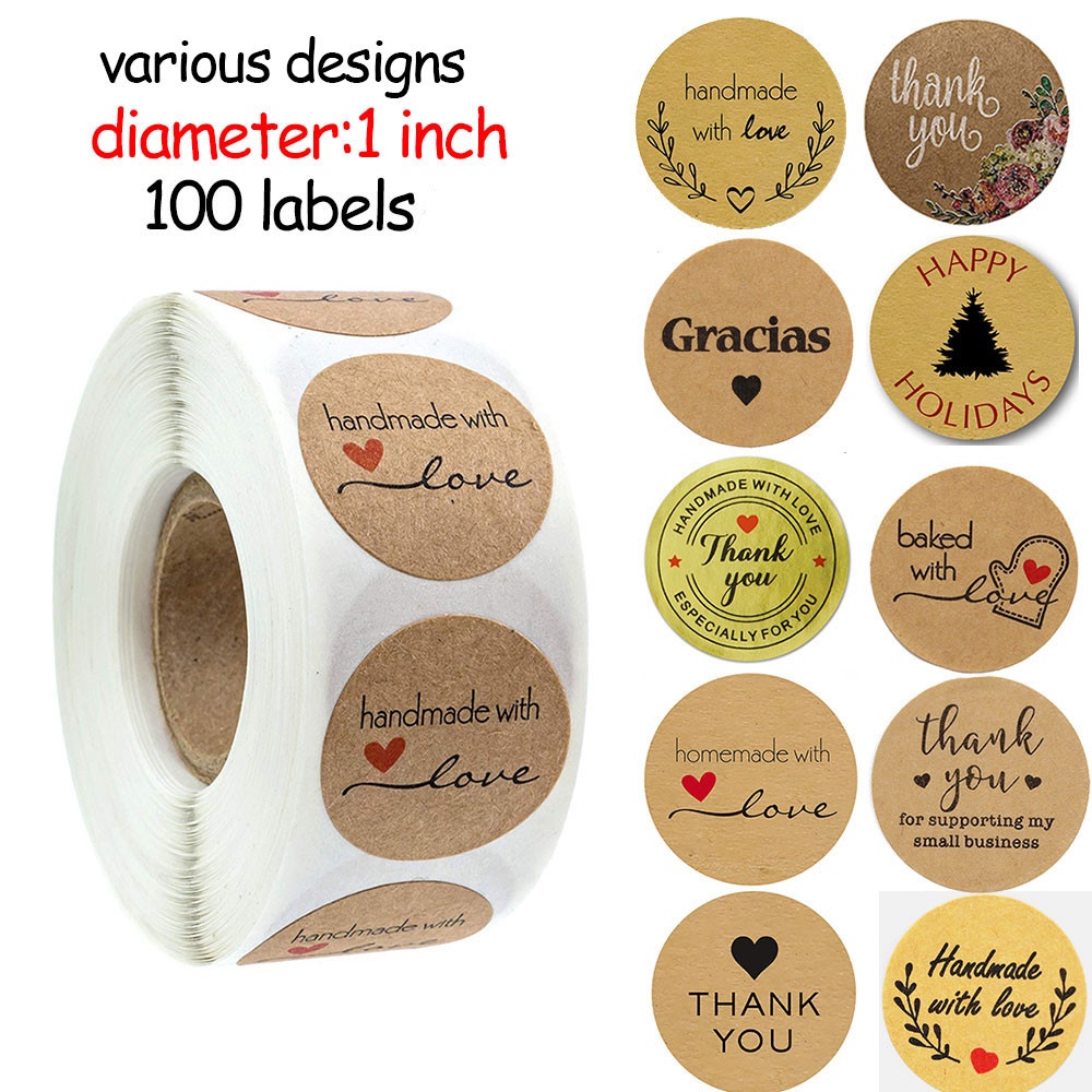 100pcs Handmade with Love Letter Stickers Thank You Stickers Roll Labels Wedding Box Gift Packing De