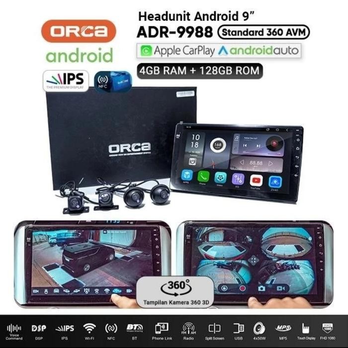 PAKET ANDROID ORCA ADR-9988 4/128+ CAMERA 360 ORCA 4PCS ALL IN CAR