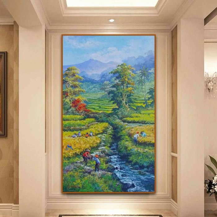 Lukisan Pemandangan Alam Sawah Pegunungan dan Sungai