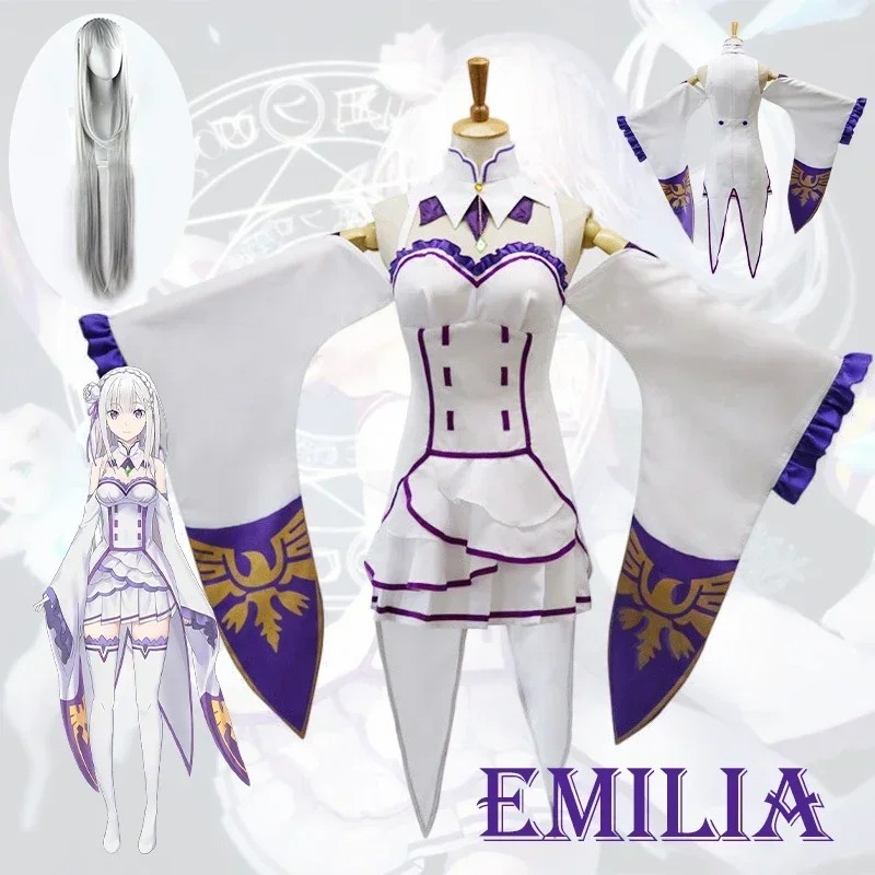 Re Zero Kara Hajimeru Isekai Seikatsu Emilia Cosplay Costumes Women Dress With Headdress For