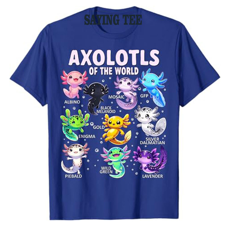 Axolotls of The World Kawaii T-Shirt Types of Axolotl Fish Amphibian Short Sleeve Tee Novelty Gift