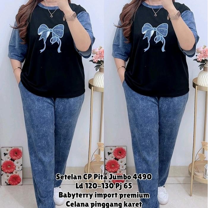 Pilihan- 4490 Setelan Cp Pita Jumbo Ld120-130 Babyterry Wanita One Set SantaiSet Celana Panjang