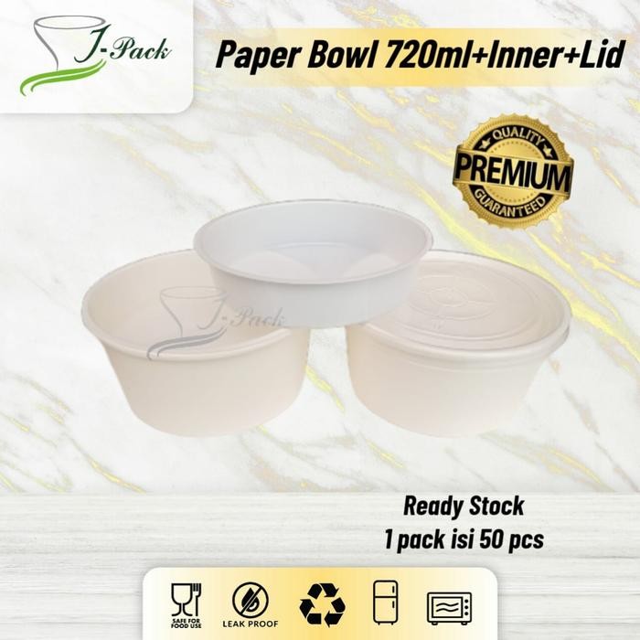 

Paper Bowl 720ml Putih/ Mangkok kertas 720 ml+ INNER +Tutup/ Per 50 Pcs