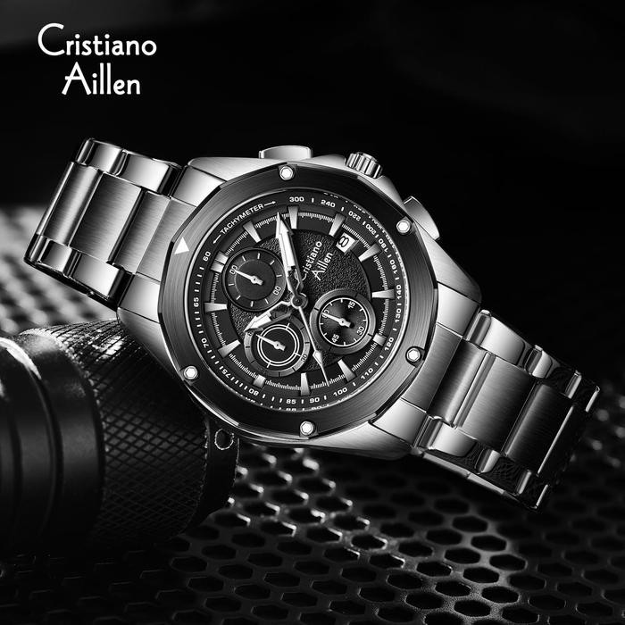 Buy 1 Get 1 Cristiano Aillen Jam Tangan Pria Analog 8899 Rantai Stainless Steel Chronograph Kaca