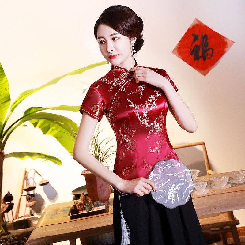Womens Chinese Cheongsam Shirt Tops Dragon Phoenix Embroidery Qipao Shirt Retro Traditional Qipao Bl