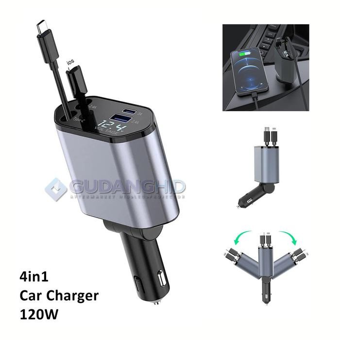 CAR CHARGER CASAN HP MOBIL 4 IN 1 120W FAST CHARGER TYPE C USB IOS ANDROID ALUMINIUM KABEL CABLE