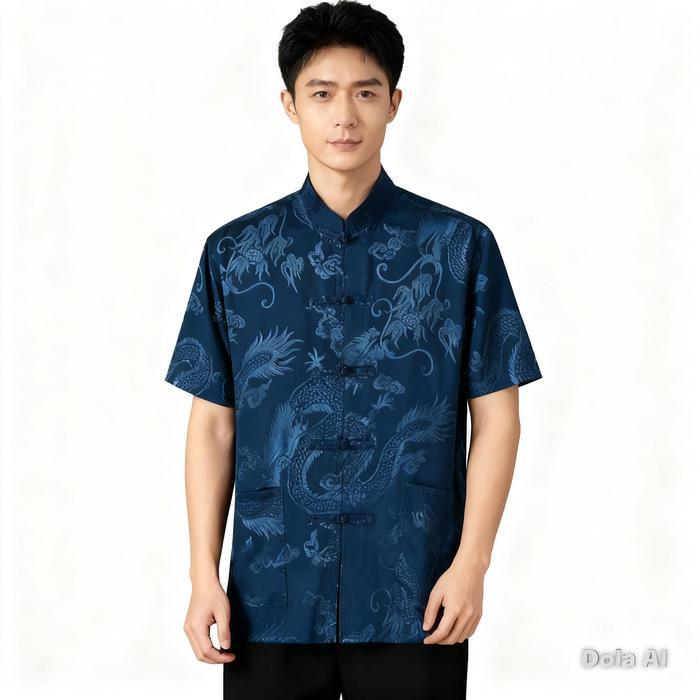 Promo Edisi Imlek Cheongsam Pria Lengan Pendek Kemeja Formal Baju Tradisional China Qipao Motif Naga