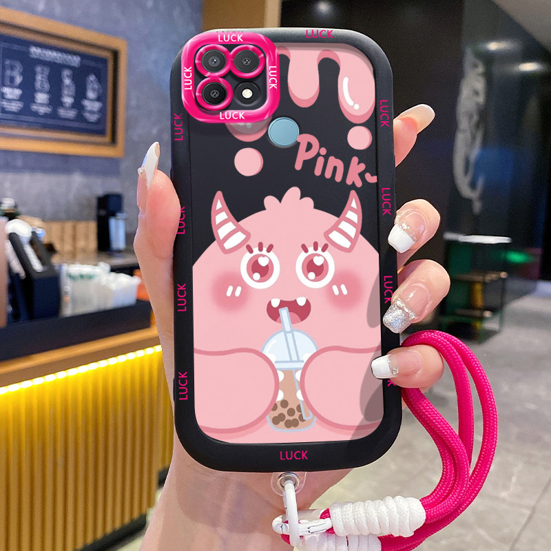 Casing Hp untuk OPPO A15 A15s A35 4G Case Pola Monster Pink Lucu Kasing ponsel silikon Kesing lanyar