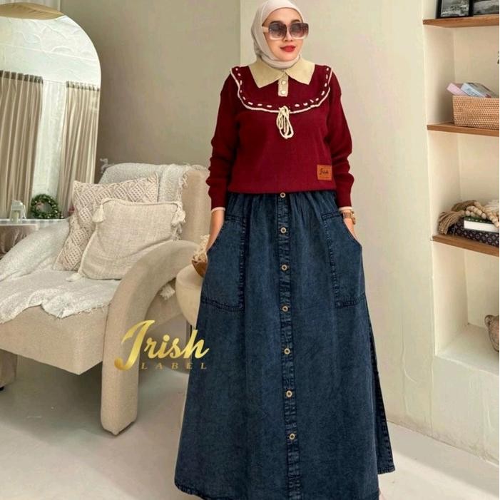Dewinta Set By Irish Label Set Blouse Rajut Rok Jeans Oneset Stelan Rajut Rok Kancing Snowblack