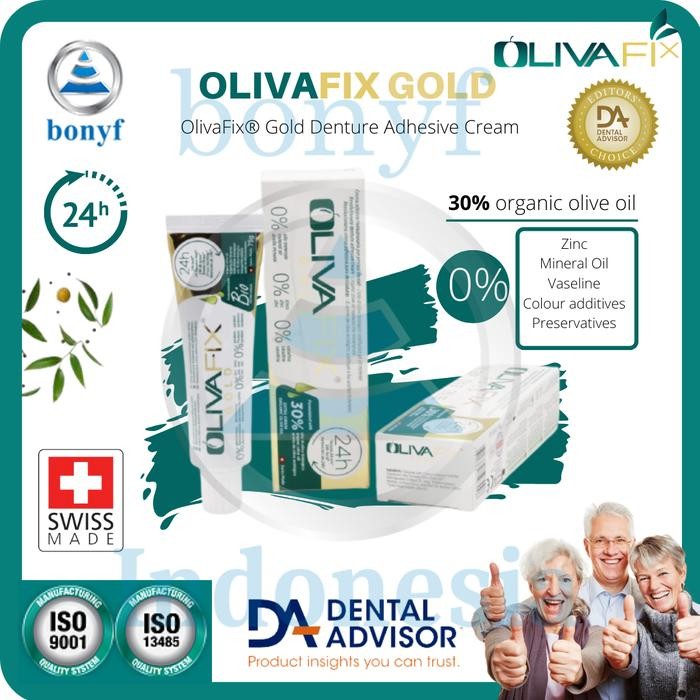 

OlivaFix Gold Lem Gigi Palsu Bonyf Perekat Gigi Swiss 24Jam Waterproof