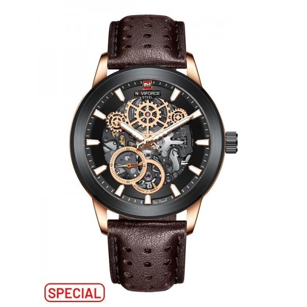 [PENAWARAN TERBATAS] Jam Tangan Pria Naviforce Automatic Original 100% Leather Fashion Black-Rose Go