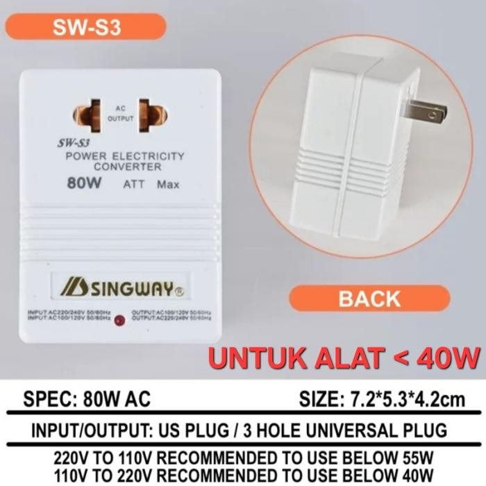 Murah Singway Sw-S3 Step Down & Step Up Transformer Trafo 110V 220V 80W Terlariss 