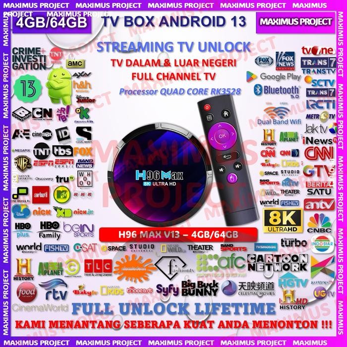 3j4e- Smart Tv Box Android 13 H96 Max V13 Ram 4Gb Rom 64Gb 4/64 Stb Unlock Gratis Paket Tv