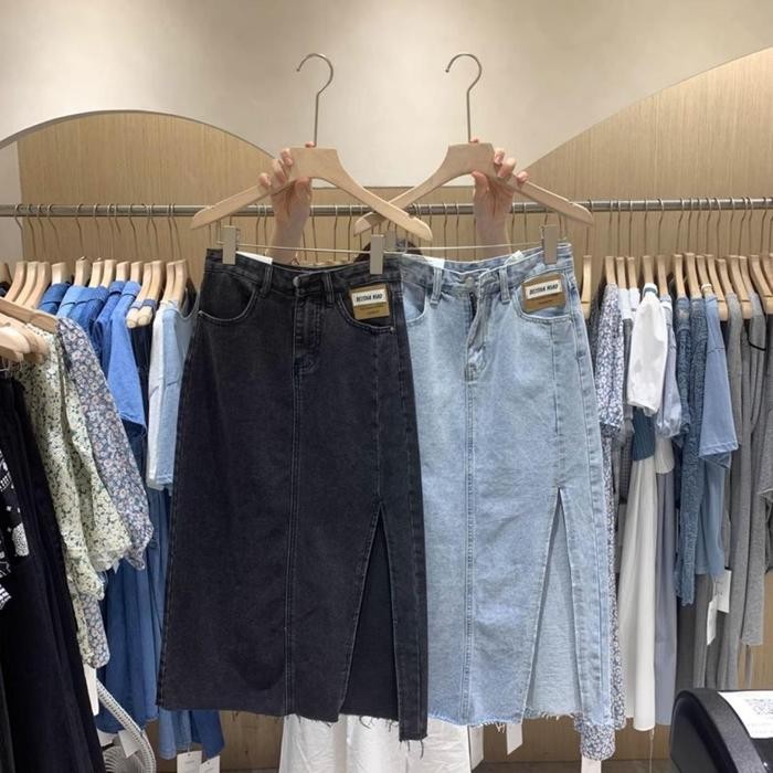 9qli- Rok Midi Korean Style Rok A-Line Rok Jeans High Waist Rok Span Jumbo Hitam Rok Panjang