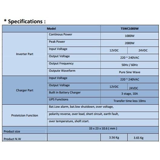 INVERTER PURE SINE WAVE 1000 WATT 12 VDC CHARGER POWER INVERTER UPS INVERTER PSW 1000WATT