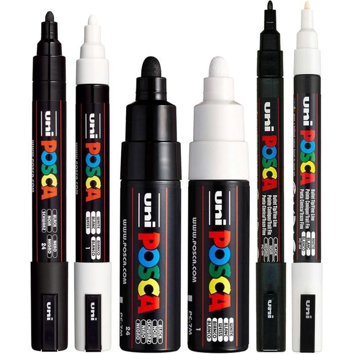 

OJ Uni Posca Marker Black & White, Extra Fine Tip PC-1M, Fine Tip PC-3M, Medium Tip PC-5M, Broad 8K,