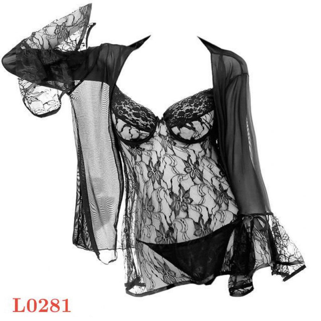 L0281 - Baju Tidur Lingerie Robe Kimono Dress Hitam Transparan Lengan Panjang Baju Dalam Bra Kawat